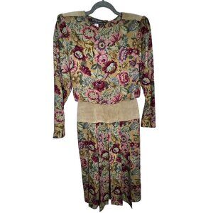 Vintage St. Gillian Wool Floral Dress Suede Waist & Button Back Size 4 Cottage